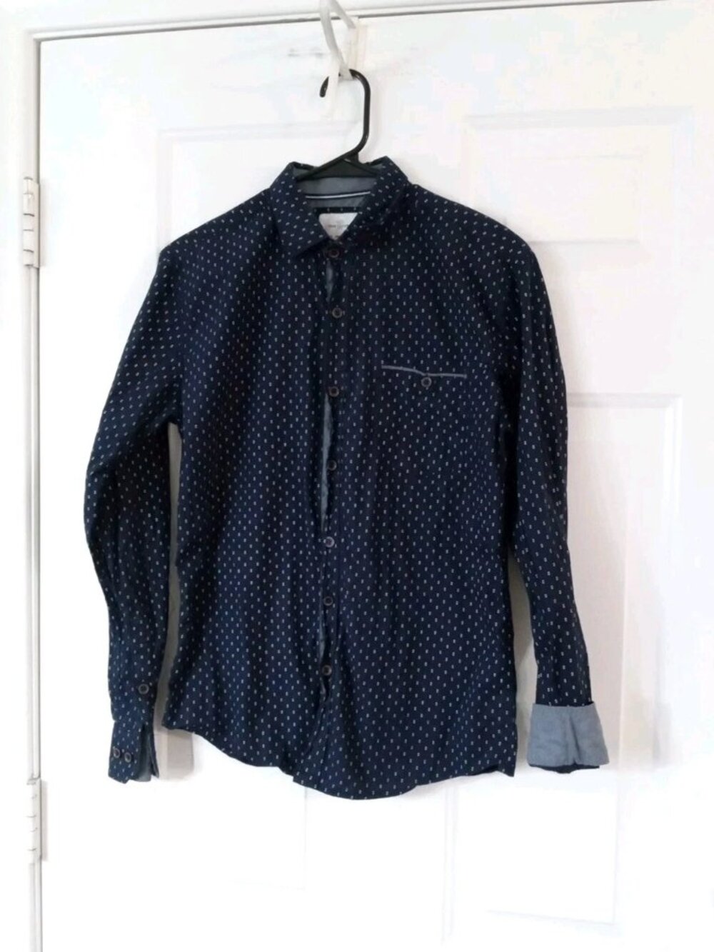Craft+Flow Mens Small Long Sleeve Button Up Flip Cuff Navy Blue Geometric Shirt